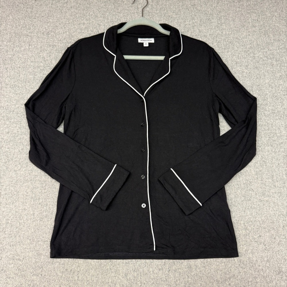 Nordstrom | Pajama Top | XS | Black | White Piping Button Front Long Sleeve 2542